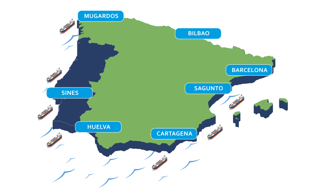 Mapa puntos geográficos España de Naftrán. transporte de GNL (gas natural licuado)